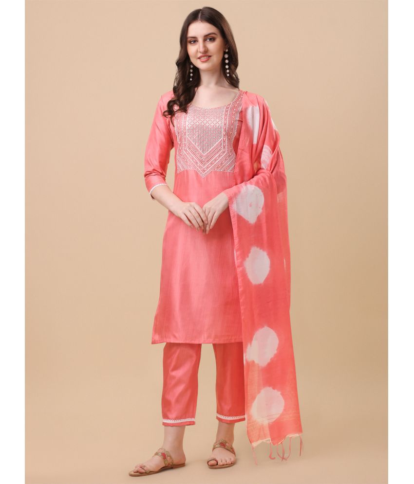     			gufrina Cotton Embroidered Kurti With Pants Women's Stitched Salwar Suit - Peach ( Pack of 1 )