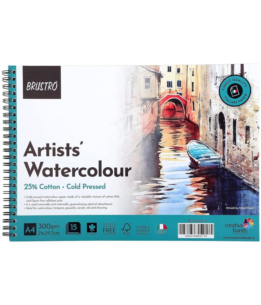     			Brustro Artist Watercolour Pad 25% Cotton 300 Gsm A4 Wiro - 15 Sheets. Perforated Pages.