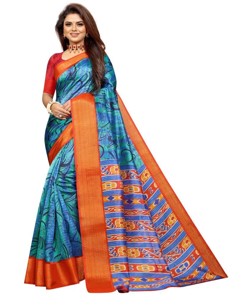     			Aardiva Cotton Silk Printed Saree With Blouse Piece - Blue ( Pack of 1 )