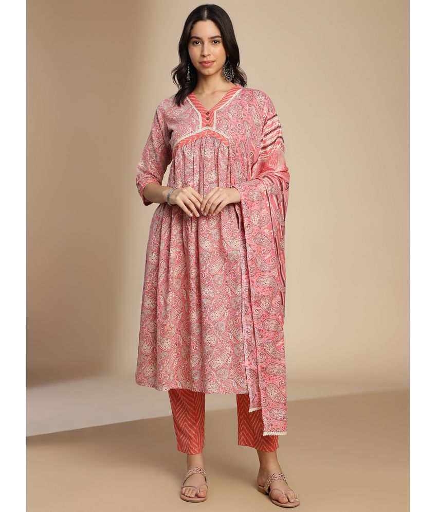     			Aarrah Cotton Blend Printed Kurti With Salwar Women's Stitched Salwar Suit - Pink ( Pack of 3 )