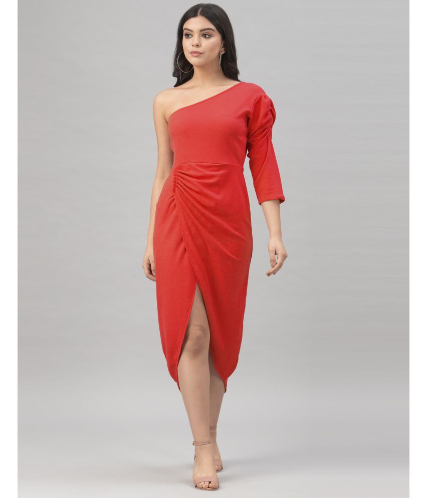     			Selvia Lycra Solid Knee Length Women's Asymmetric Dress - Red ( Pack of 1 )