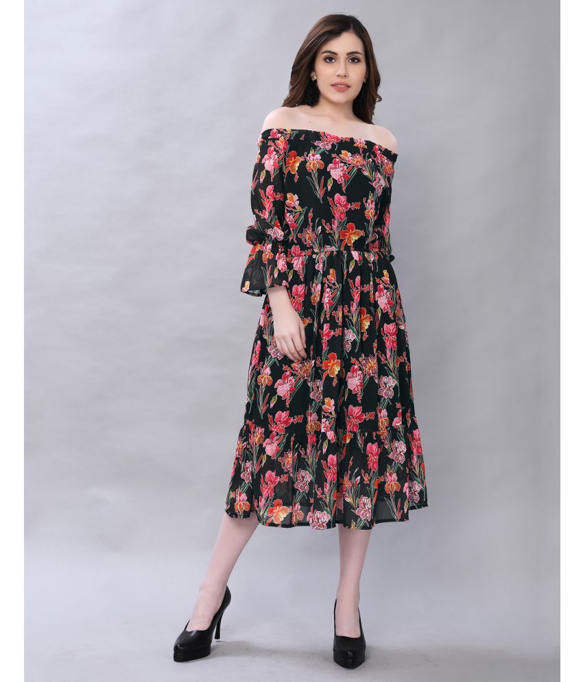     			Selvia Polyester Printed Knee Length Women's Off Shoulder Dress - Black ( Pack of 1 )