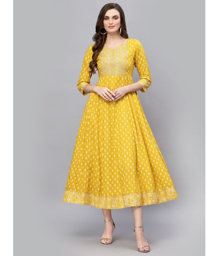     			Stylum Rayon Printed Anarkali Women's Kurti - Mustard ( Pack of 1 )