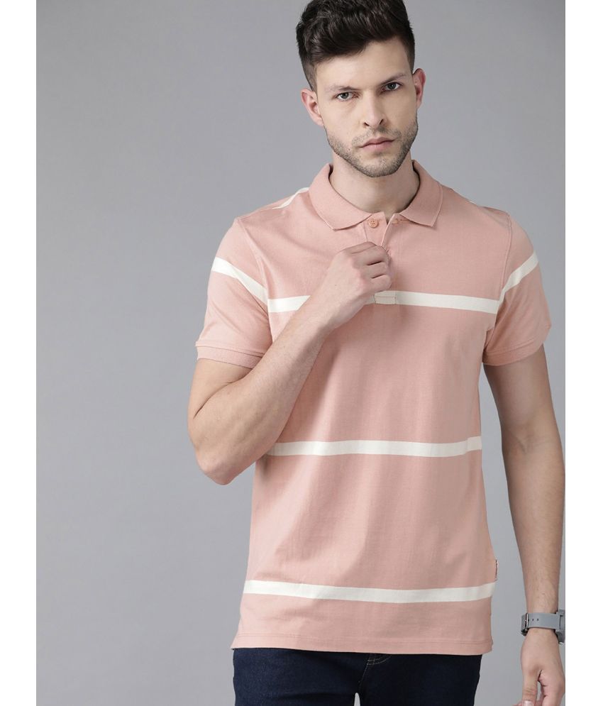     			Auxamis Cotton Blend Regular Fit Striped Half Sleeves Men's Polo T Shirt - Peach ( Pack of 1 )