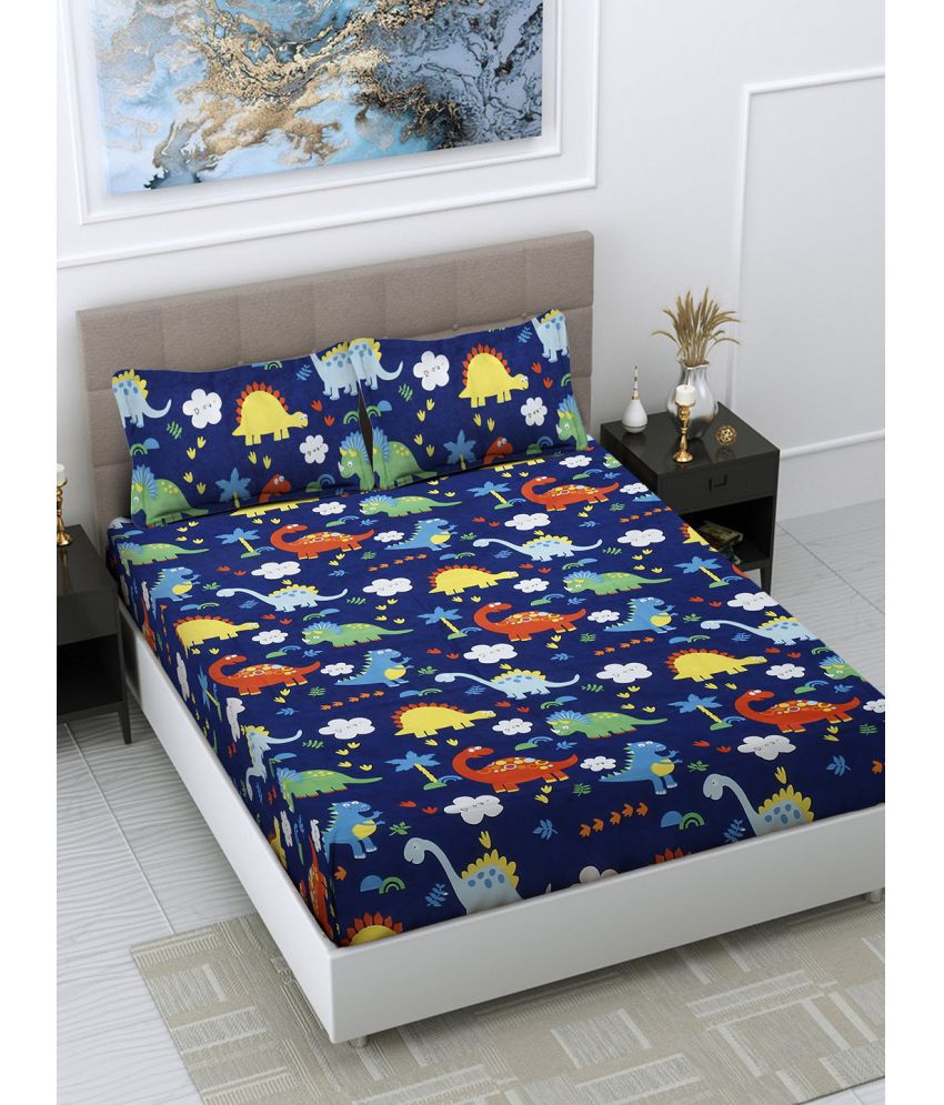     			FABINALIV Poly Cotton Animal 1 Double Bedsheet with 2 Pillow Covers - Dark Blue