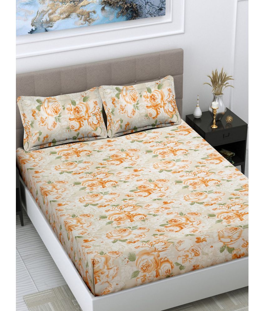     			FABINALIV Poly Cotton Floral 1 Double Bedsheet with 2 Pillow Covers - Beige