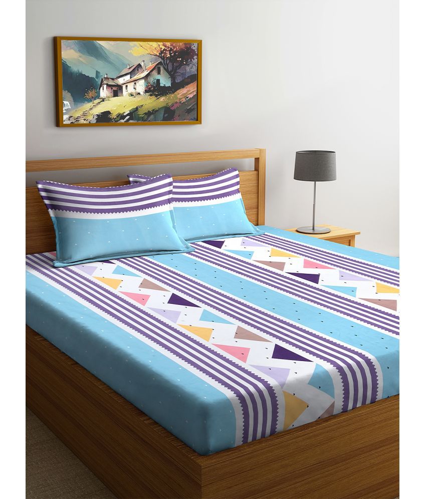     			FABINALIV Poly Cotton Geometric 1 Double Bedsheet with 2 Pillow Covers - Blue