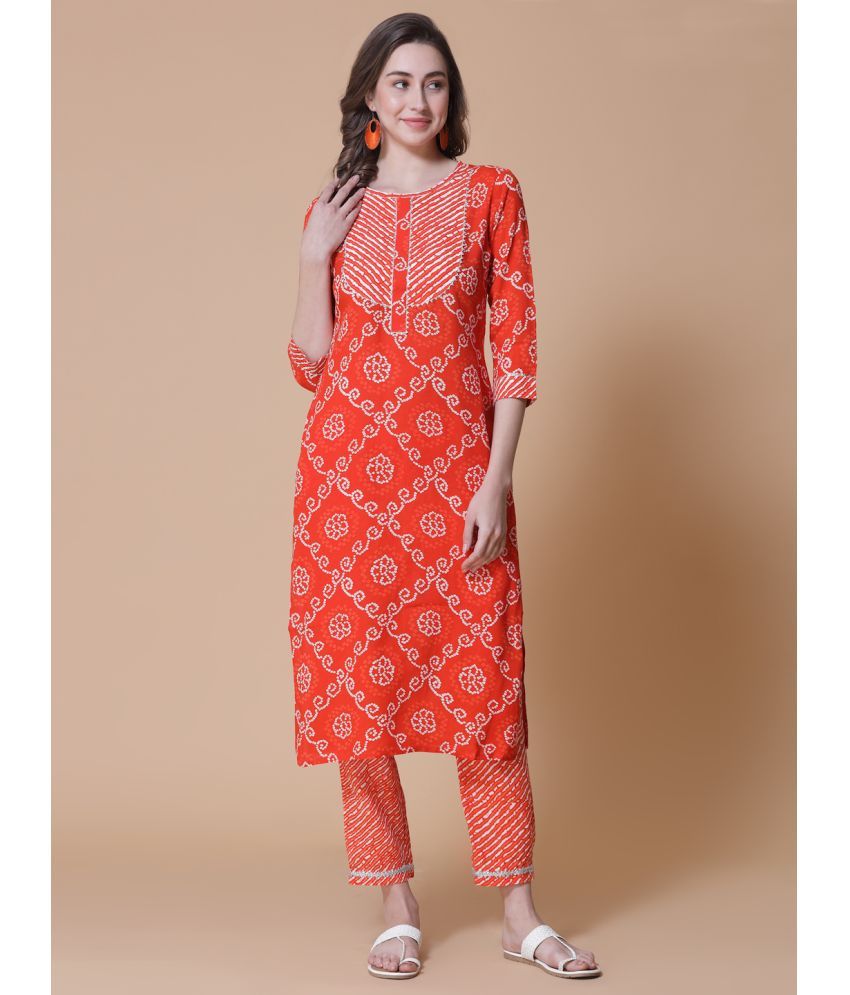     			GOD BLESS Rayon Printed Kurti With Pants Women's Stitched Salwar Suit - Orange ( Pack of 1 )