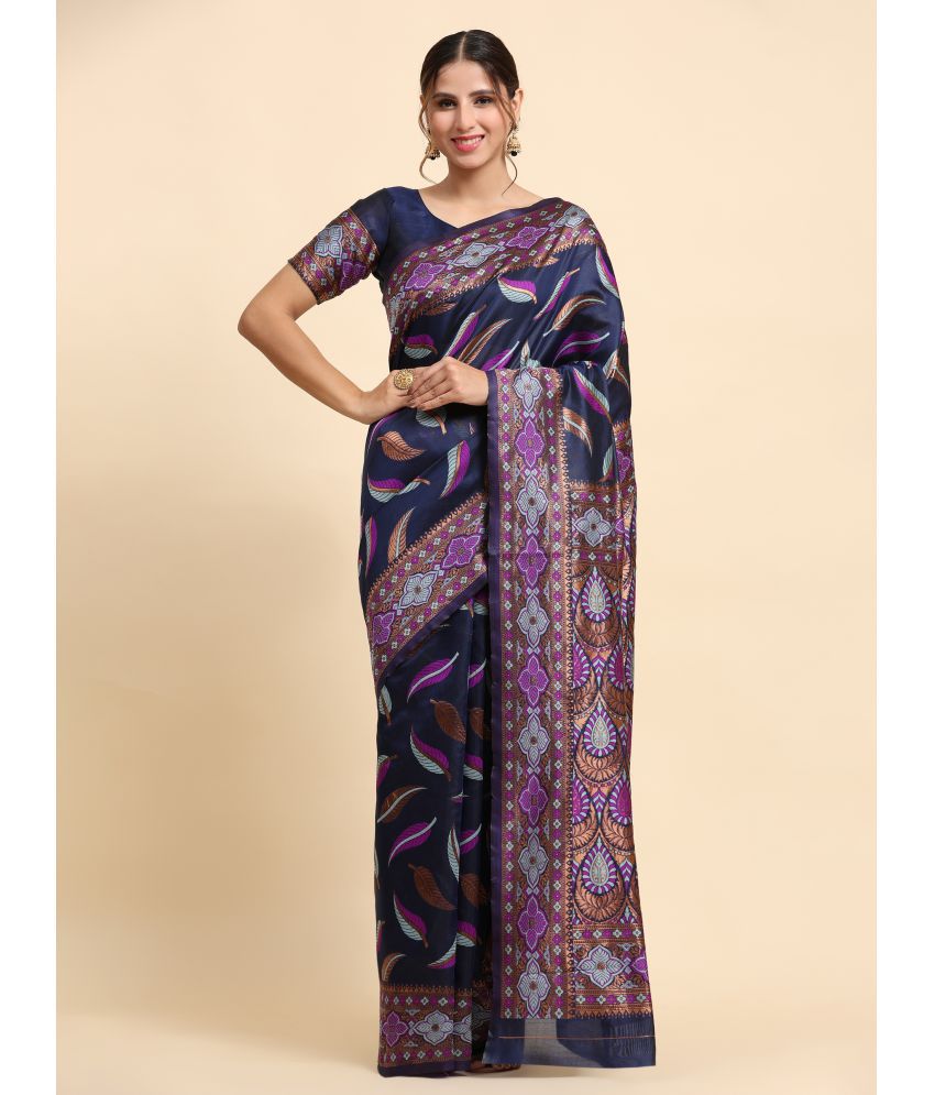     			KALIPATRA Banarasi Silk Printed Saree With Blouse Piece - Navy Blue ( Pack of 1 )