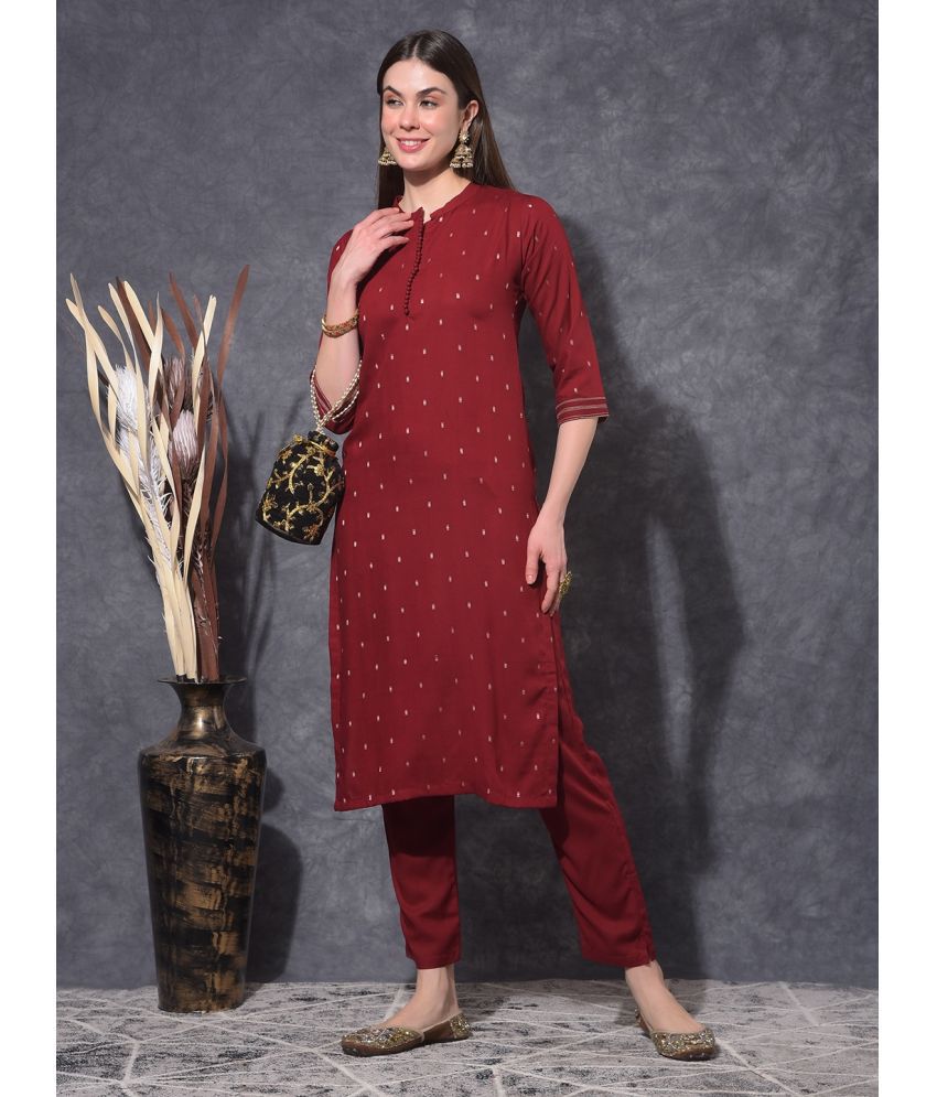     			Mamoose Rayon Printed Kurti With Pants Women's Stitched Salwar Suit - Maroon ( Pack of 1 )