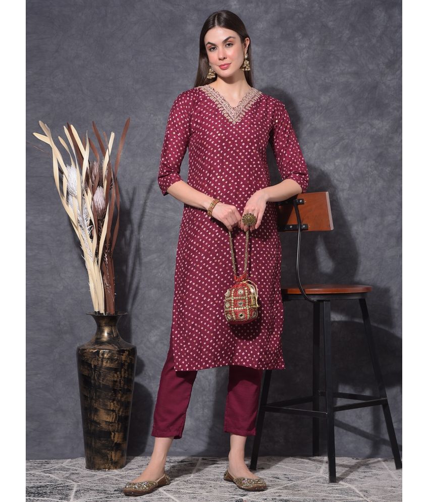     			Mamoose Viscose Printed Kurti With Pants Women's Stitched Salwar Suit - Wine ( Pack of 1 )