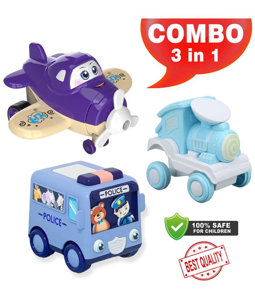     			Rainbow Riders 3-Piece Press And Go Unbreakable Toy Set - Cartoon Robot Plane, Mini Bus, & Stunt Locomotive Train - Friction Powered Educational Toys for Kids 2-3+ Years - ABS Eco-Friendly Material