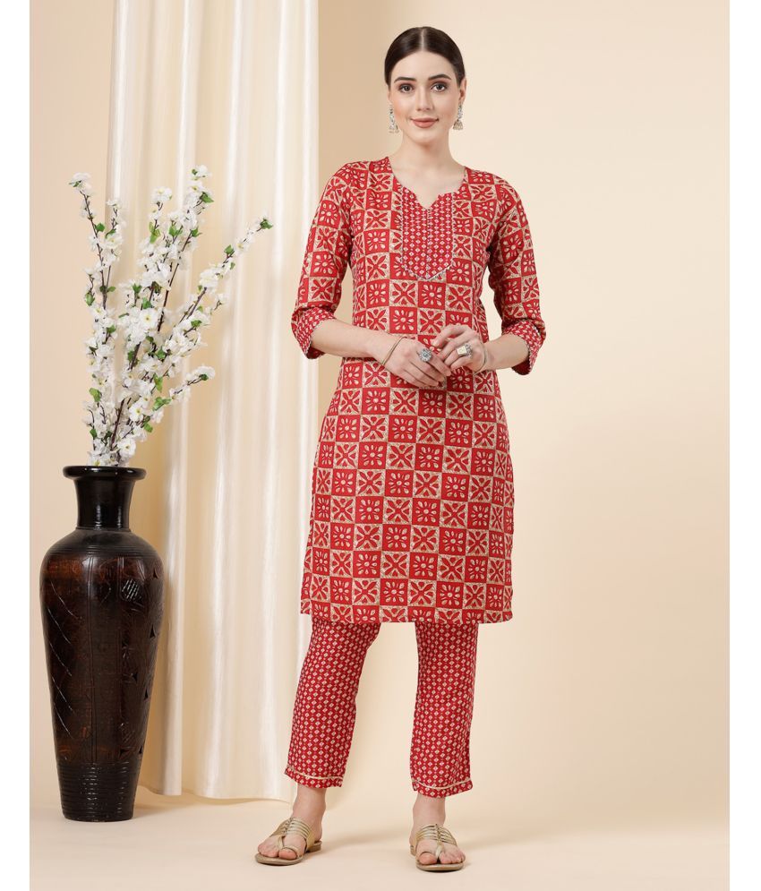     			Skylee Cotton Blend Embellished Kurti With Pants Women's Stitched Salwar Suit - Red ( Pack of 1 )