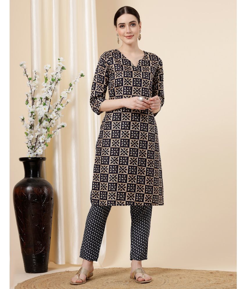     			Skylee Cotton Blend Printed Kurti With Pants Women's Stitched Salwar Suit - Navy Blue ( Pack of 1 )