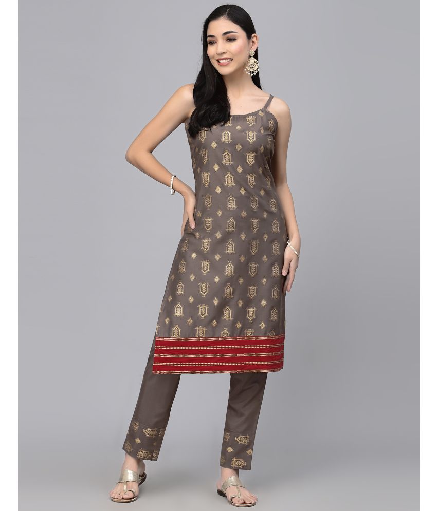     			Skylee Rayon Printed Kurti With Pants Women's Stitched Salwar Suit - Brown ( Pack of 1 )