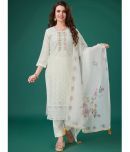 MOJILAA Chanderi Embroidered Kurti With Pants Women's Stitched Salwar Suit - Off White ( Pack of 1 )