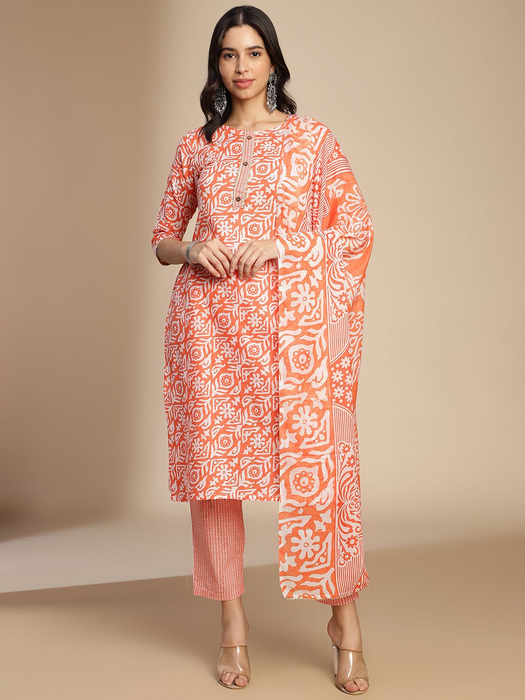     			Aarrah Cotton Blend Printed Ethnic Top With Salwar Women's Stitched Salwar Suit - Orange ( Pack of 1 )