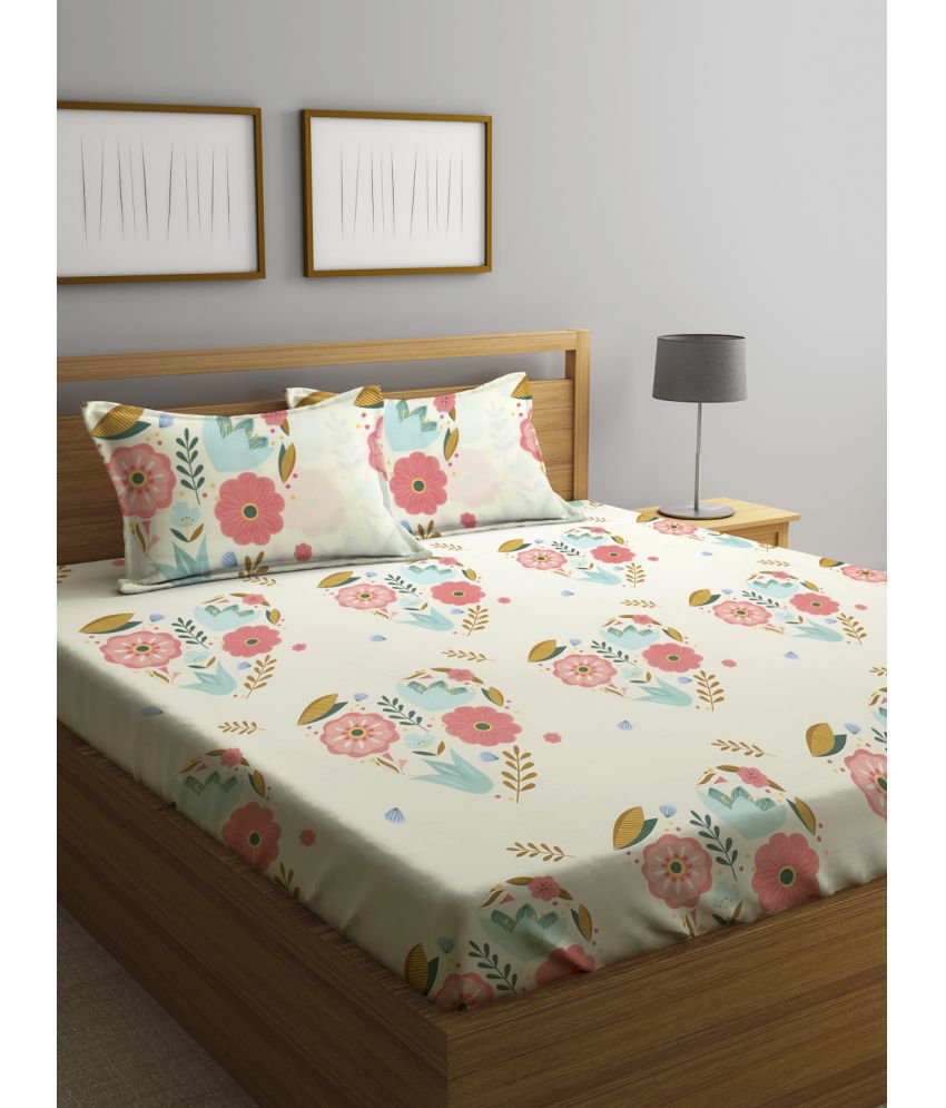     			Klotthe Poly Cotton Floral Fitted 1 Bedsheet with 2 Pillow Covers ( King Size ) - Cream