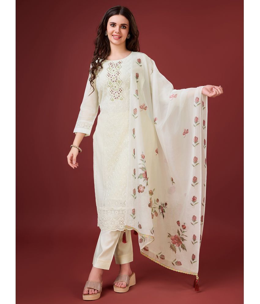     			MOJILAA Chanderi Embroidered Kurti With Pants Women's Stitched Salwar Suit - Off White ( Pack of 1 )