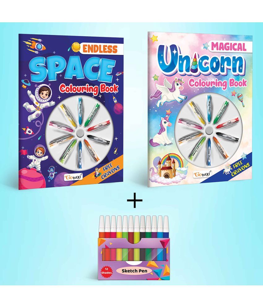     			Magical Unicorn Colouring Book , Endless Space Colouring Book & 12 WATER COLOUR SKETCH PEN | Combo of 2 |Enchanted Dual Palette