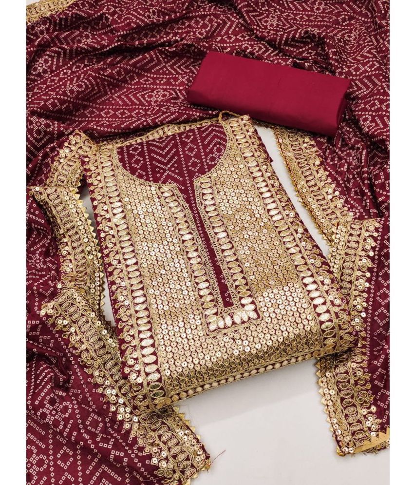     			ALSHOP Unstitched Silk Blend Embroidered Dress Material - Maroon ( Pack of 1 )