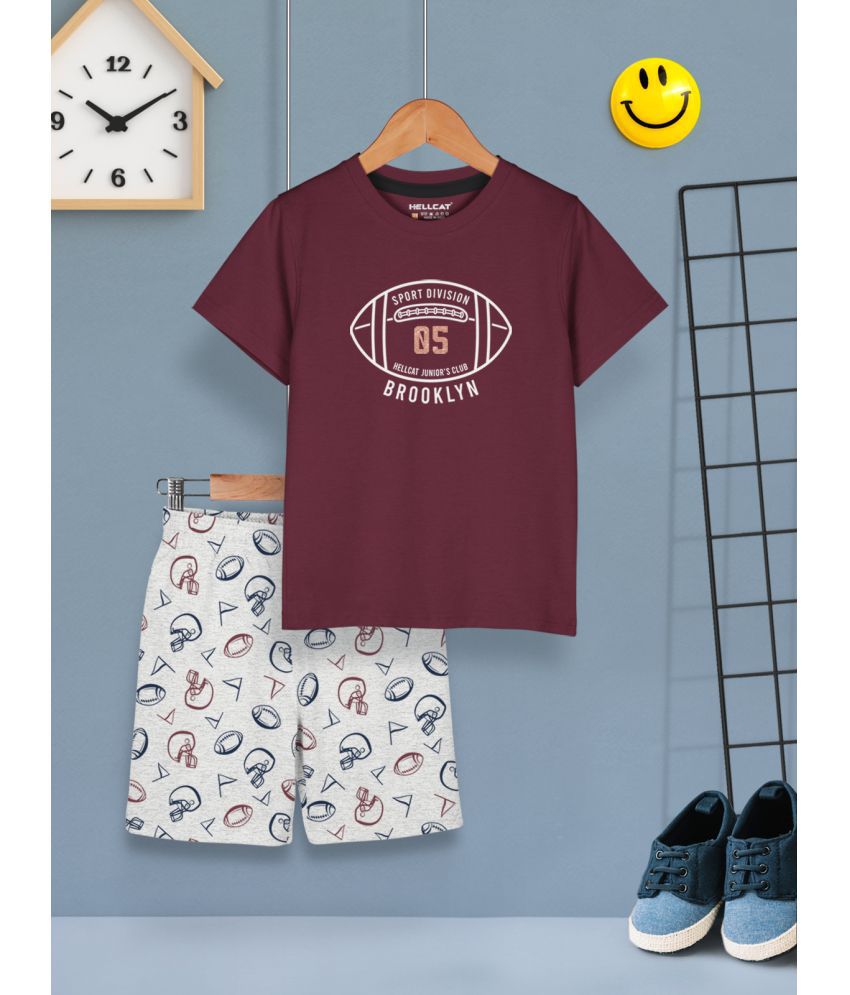     			HELLCAT Burgundy Cotton Blend Boys T-Shirt & Shorts ( Pack of 1 )
