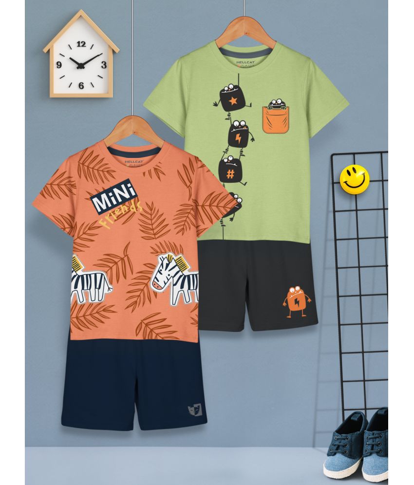     			HELLCAT Orange Cotton Blend Boys T-Shirt & Shorts ( Pack of 2 )