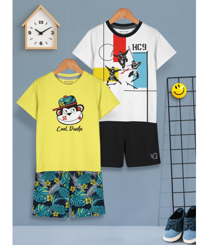     			HELLCAT Yellow Cotton Blend Boys T-Shirt & Shorts ( Pack of 2 )