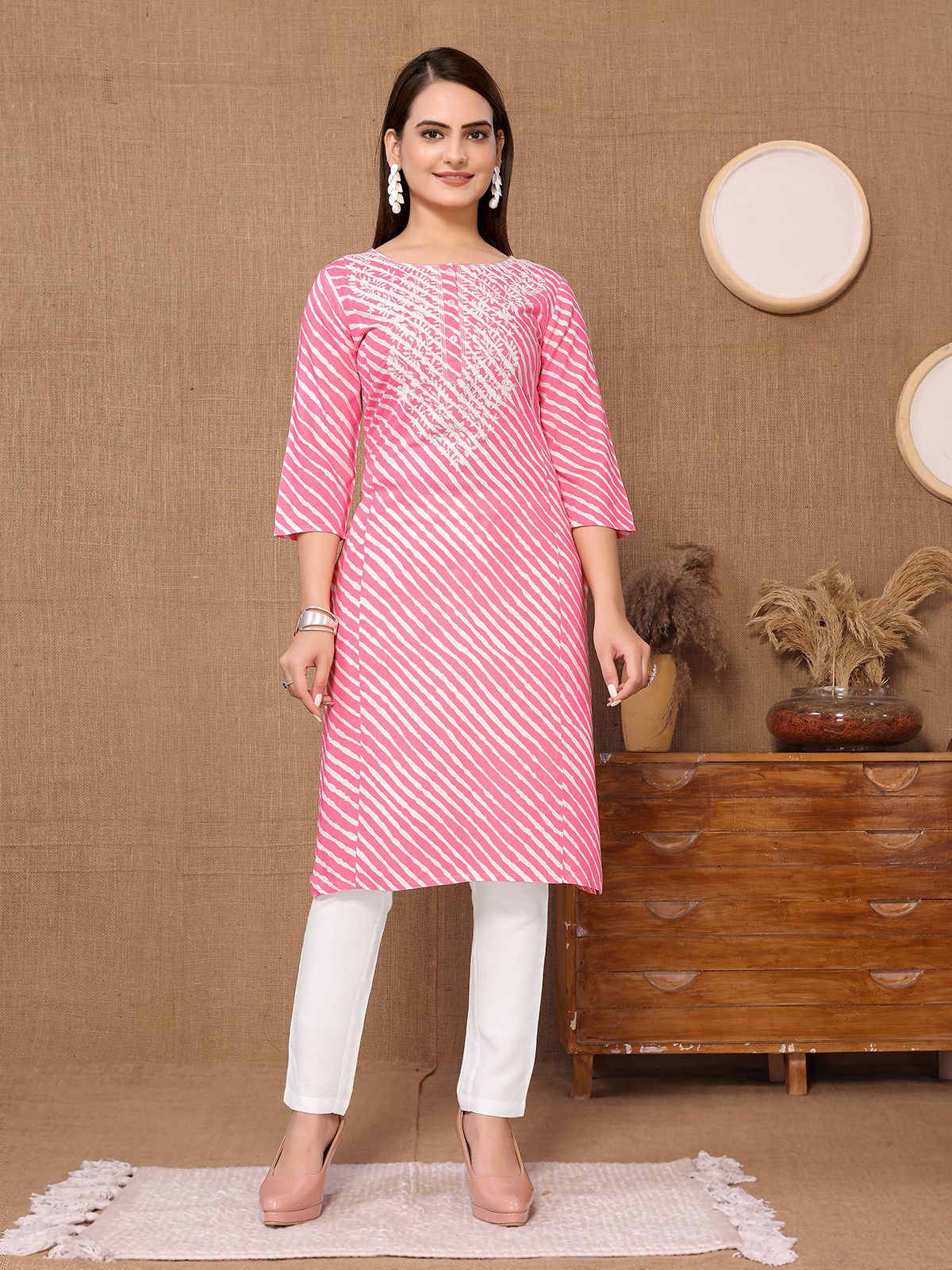     			Rangita Women Rayon Pink Embroidered Knee Length A-line Kurti With Pants