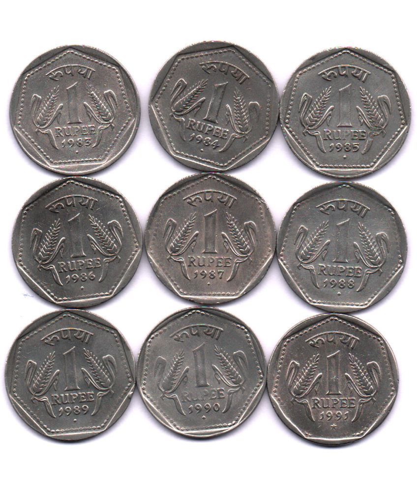     			1 /  ONE  RS / RUPEE COPPER NICKEL 6 GRAM VERY RARE BOMBAY MINT COMPLETE USED SET (9 PCS)  COMMEMORATIVE COLLECTIBLE-  USED GOOD CONDITION