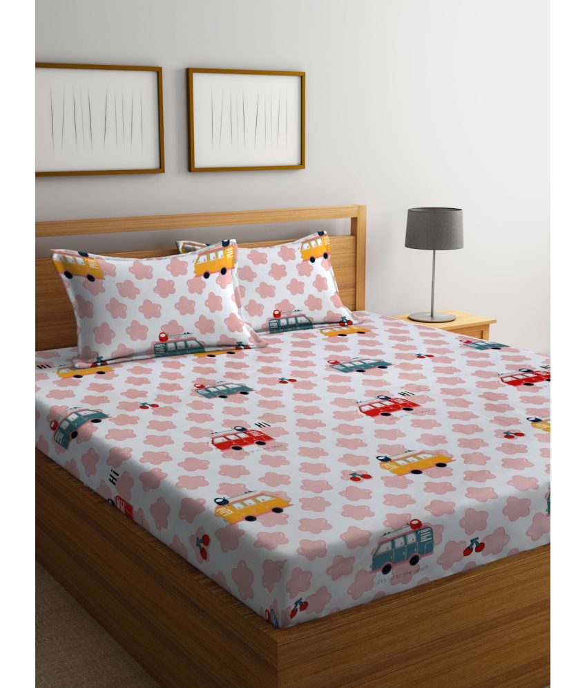     			FABINALIV Poly Cotton Animal 1 Double Bedsheet with 2 Pillow Covers - Pink