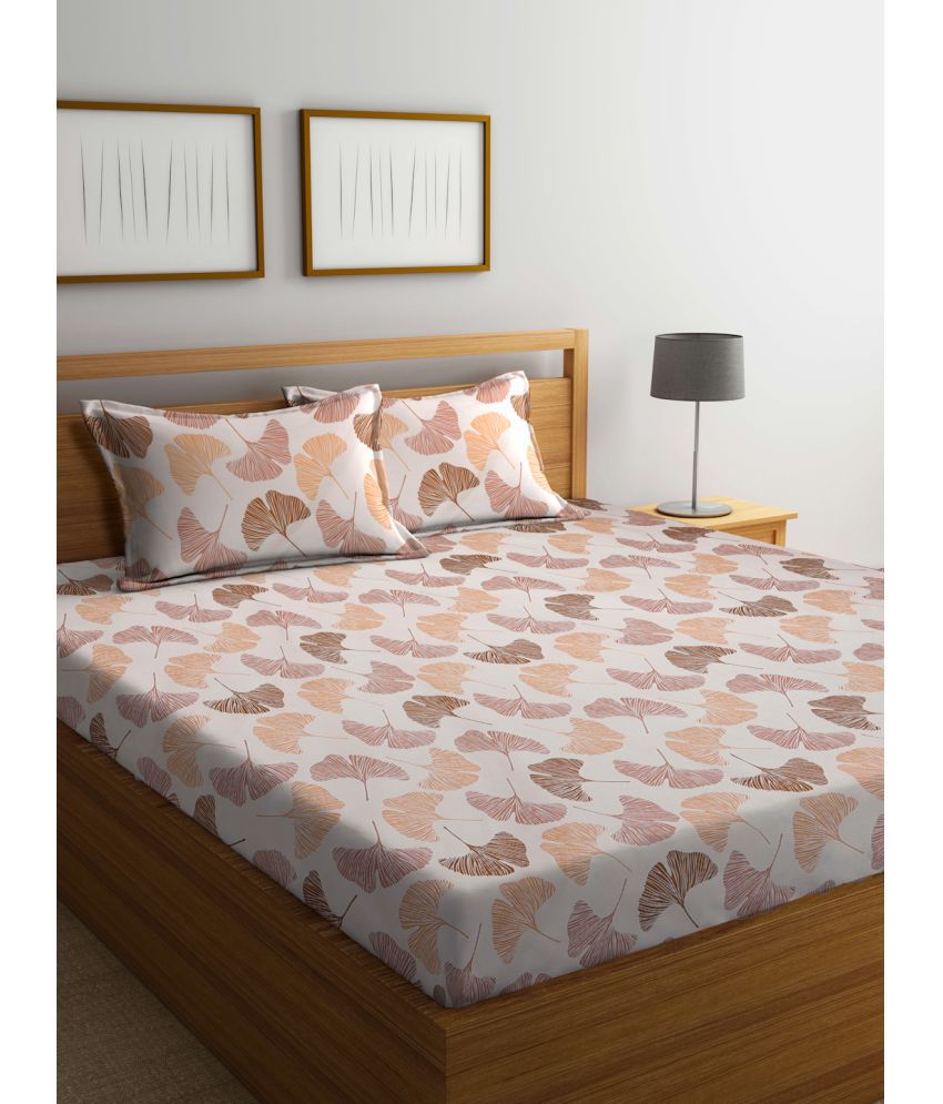     			FABINALIV Poly Cotton Floral 1 Double Bedsheet with 2 Pillow Covers - Beige