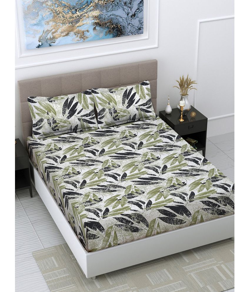     			FABINALIV Poly Cotton Floral 1 Double Bedsheet with 2 Pillow Covers - Light Green