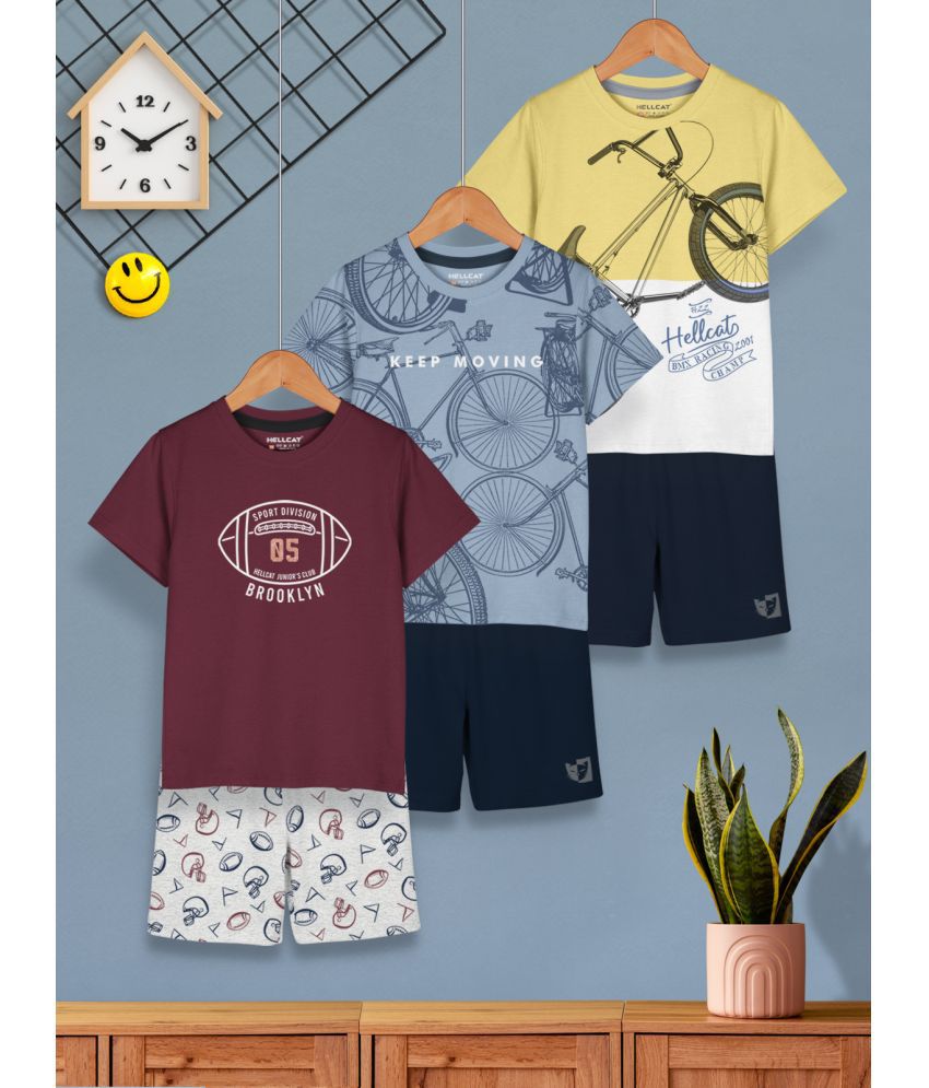     			HELLCAT Burgundy Cotton Blend Boys T-Shirt & Shorts ( Pack of 3 )