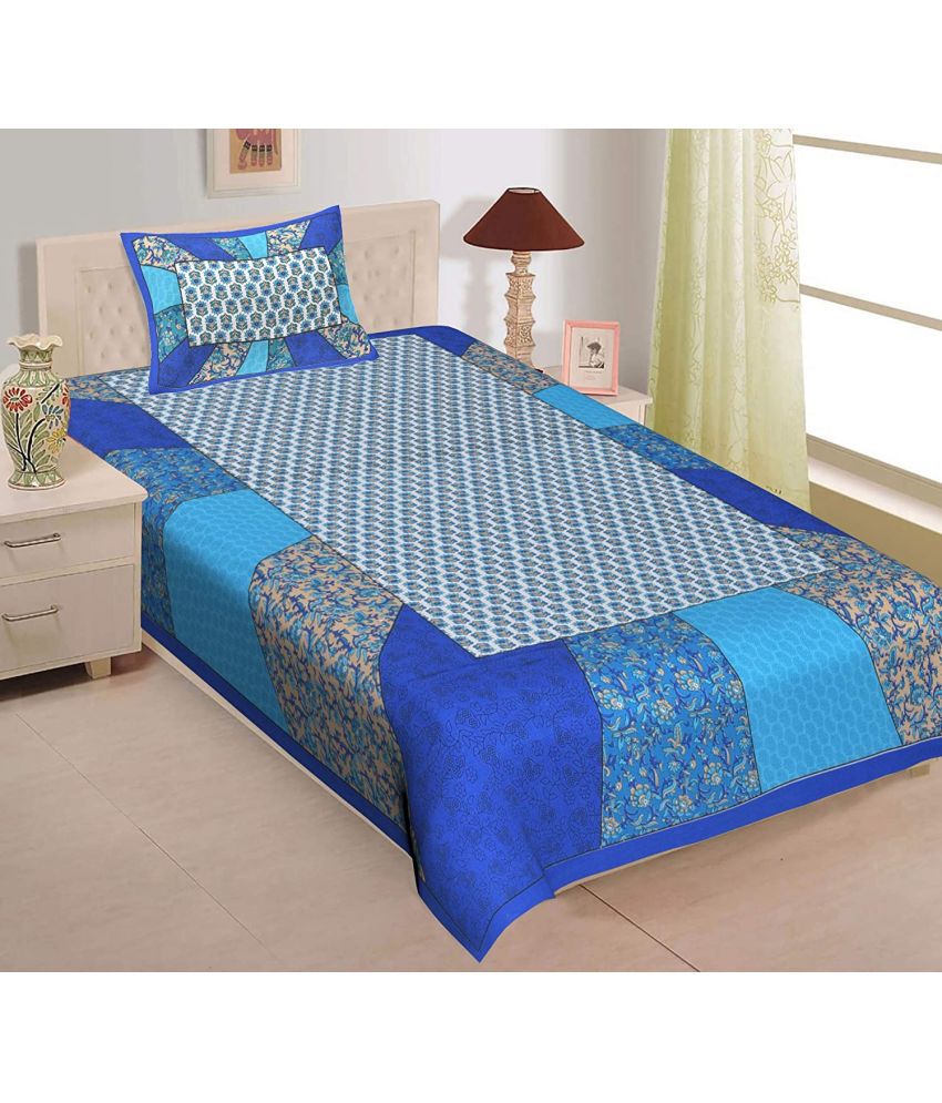     			Uniqchoice Cotton Floral 1 Single Bedsheet with 1 Pillow Cover - Blue
