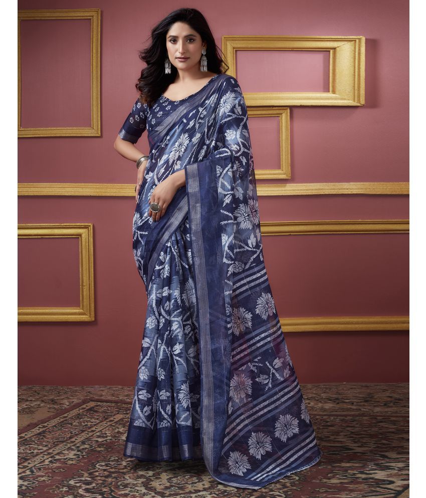     			Samah Cotton Blend Printed Saree With Blouse Piece - Navy Blue ( Pack of 1 )