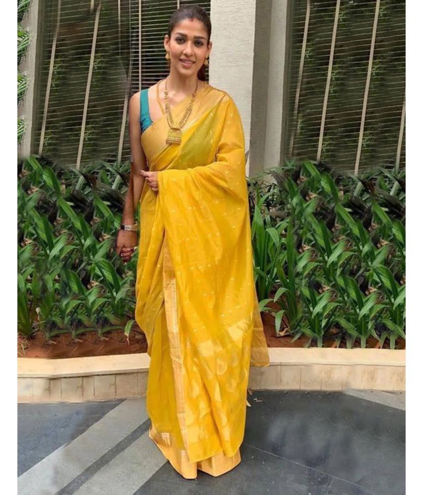     			Samah Cotton Silk Self Design Saree With Blouse Piece - Yellow ( Pack of 1 )