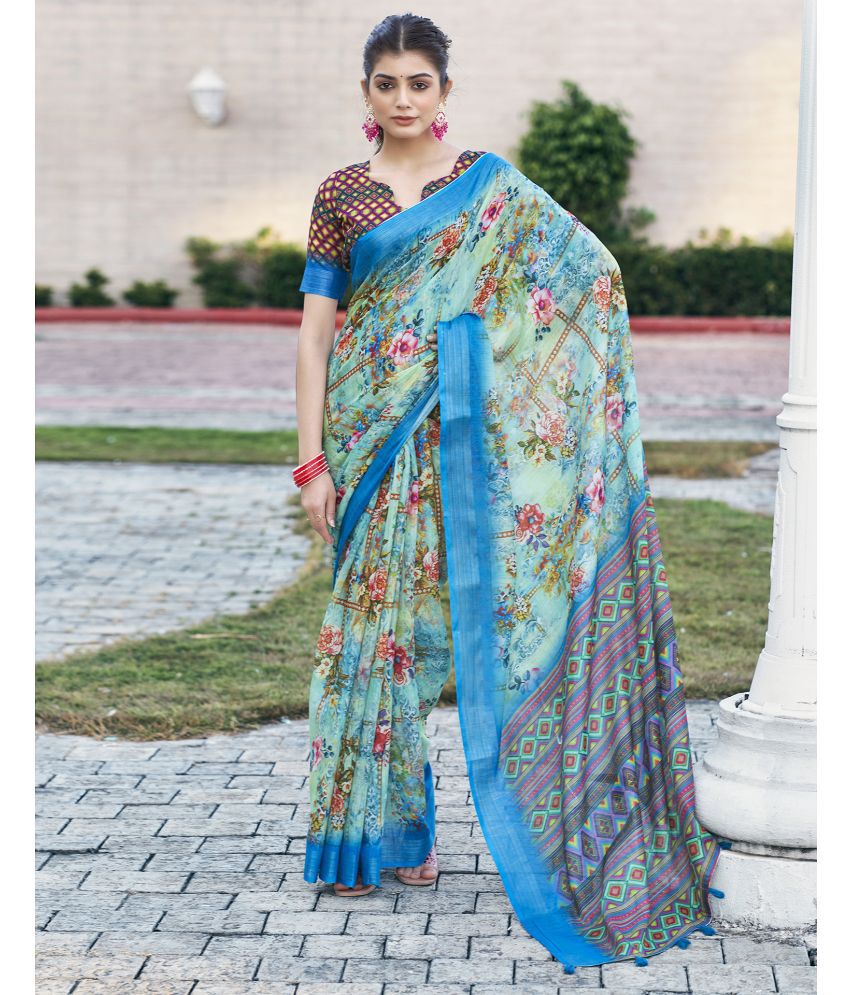     			Samah Linen Printed Saree With Blouse Piece - SkyBlue ( Pack of 1 )