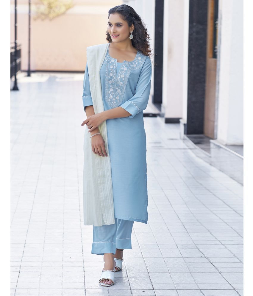     			Skylee Chiffon Embroidered Kurti With Pants Women's Stitched Salwar Suit - Blue ( Pack of 1 )