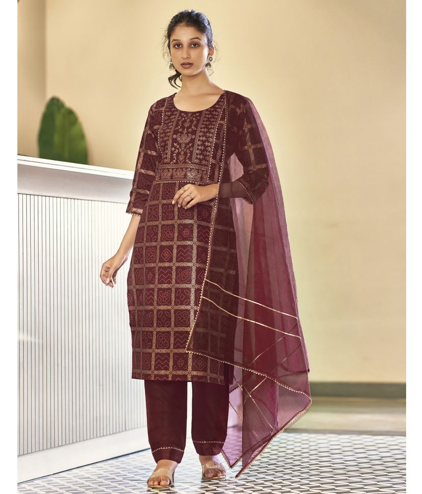     			Skylee Cotton Blend Embellished Kurti With Pants Women's Stitched Salwar Suit - Maroon ( Pack of 1 )