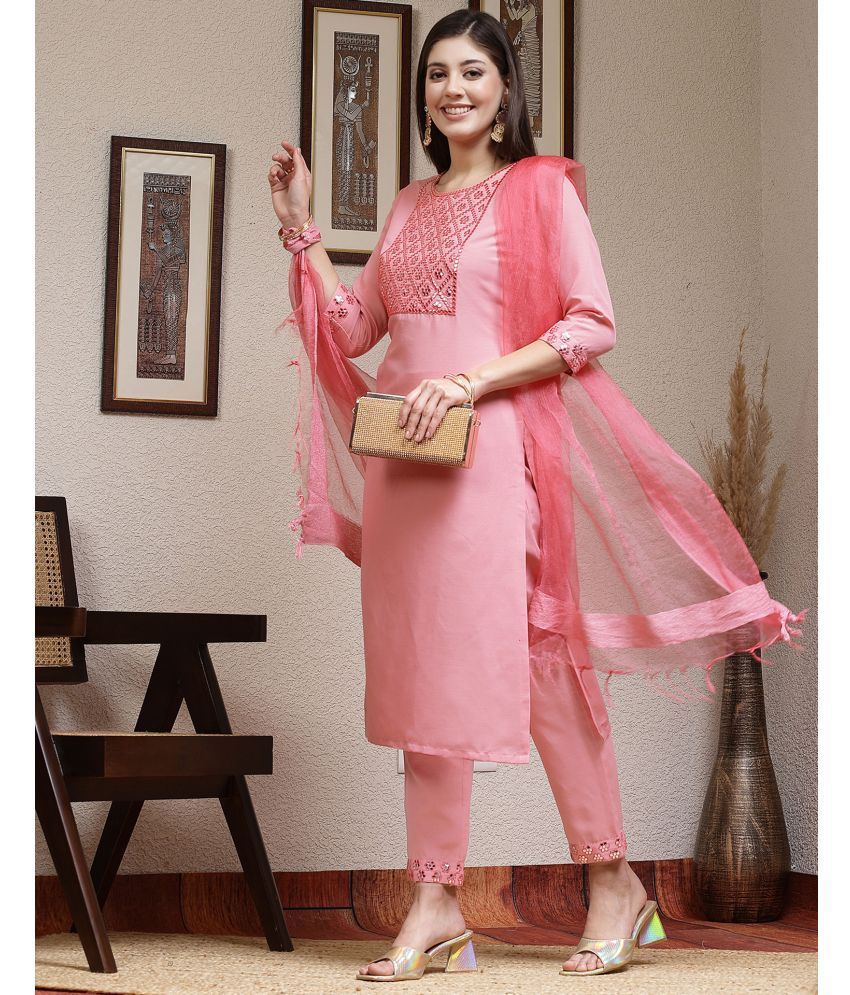     			Skylee Cotton Blend Embroidered Kurti With Pants Women's Stitched Salwar Suit - Pink ( Pack of 1 )