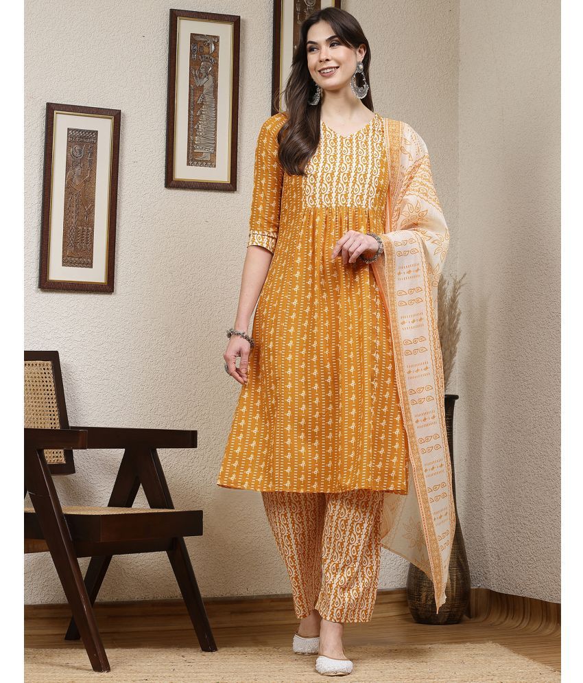     			Skylee Cotton Blend Printed Kurti With Pants Women's Stitched Salwar Suit - Yellow ( Pack of 1 )