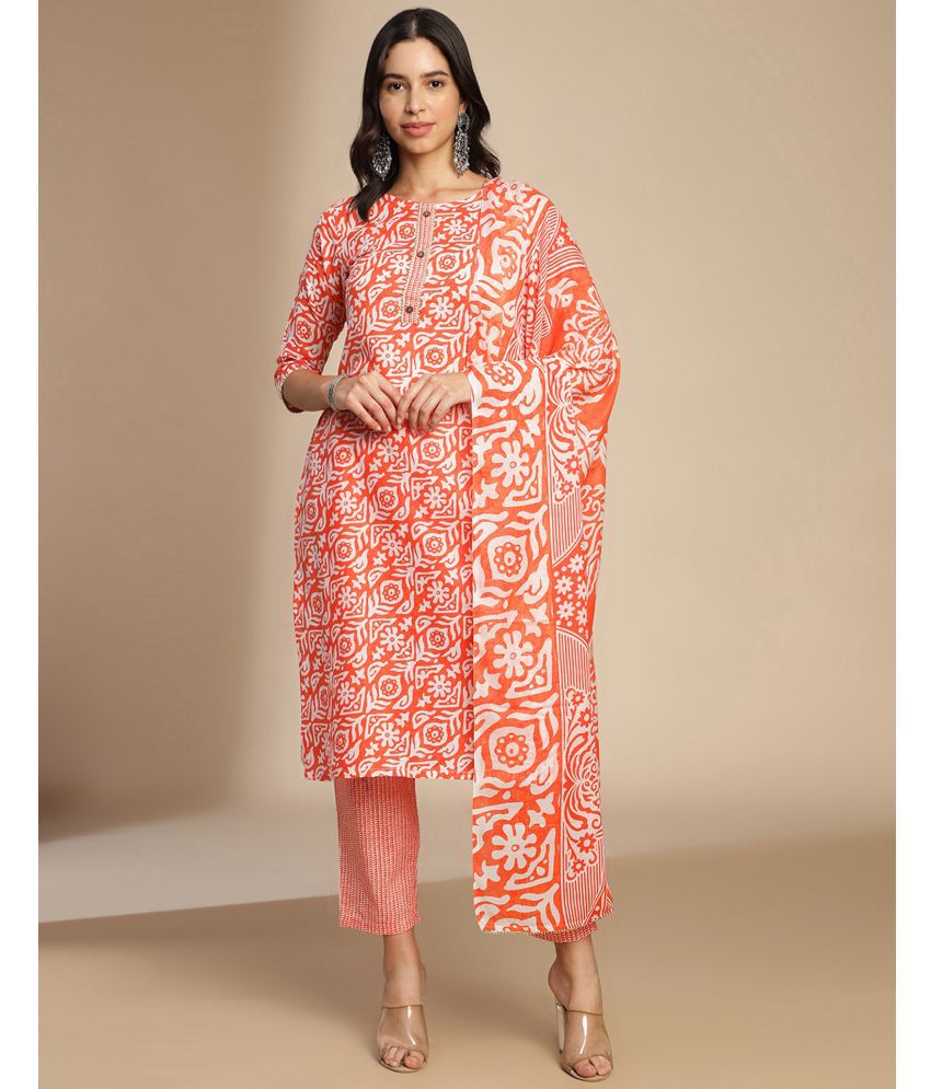     			Skylee Cotton Embellished Kurti With Pants Women's Stitched Salwar Suit - Orange ( Pack of 1 )