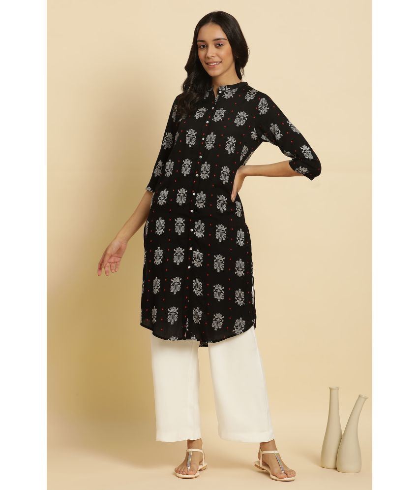     			W Rayon  Printed Straight Women's Kurti - Black ( Pack of 1 )