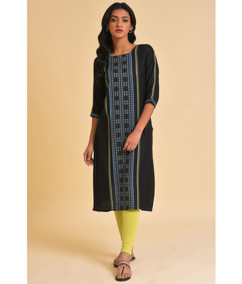     			W Cotton Blend Printed Kurti With Churidar Women's Stitched Salwar Suit - Black ( Pack of 1 )