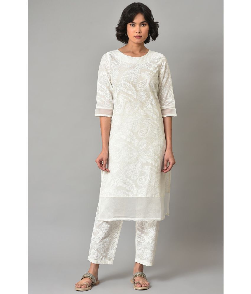     			W Cotton Printed Kurti With Pants Women's Stitched Salwar Suit - White ( Pack of 1 )