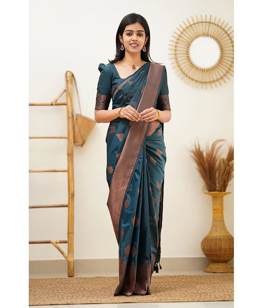     			Anjanaya  sarees Banarasi Silk Woven Saree With Blouse Piece - Teal ( Pack of 1 )