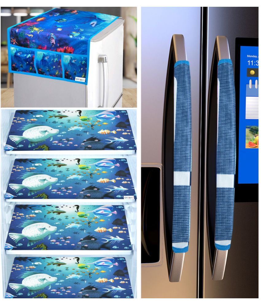     			Crosmo Polyester Graphic Fridge Mat & Cover ( 64 18 ) Pack of 7 - Blue