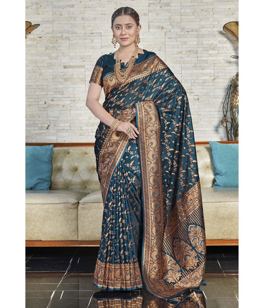     			ELITE WEAVES Satin Woven Saree With Blouse Piece - Blue ( Pack of 1 )