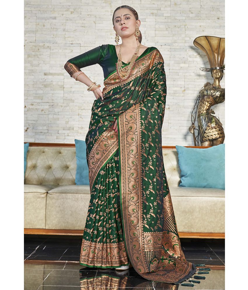     			ELITE WEAVES Satin Woven Saree With Blouse Piece - Green ( Pack of 1 )